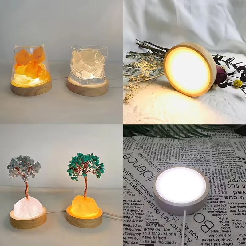 1-4Pcs Crystal Glass Wooden LED Light Display Base Art Ornament Wooden Night Lamp Base Home LED Light Rotating Display Stand