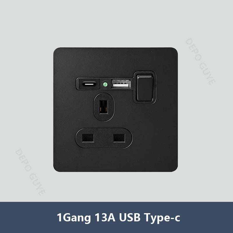 Black Vintage Toggle EU FR Lamp Switch Socket,Retro Brass Lever Light Switch Univeral Stainless Steel Dual Wall Socket With USB