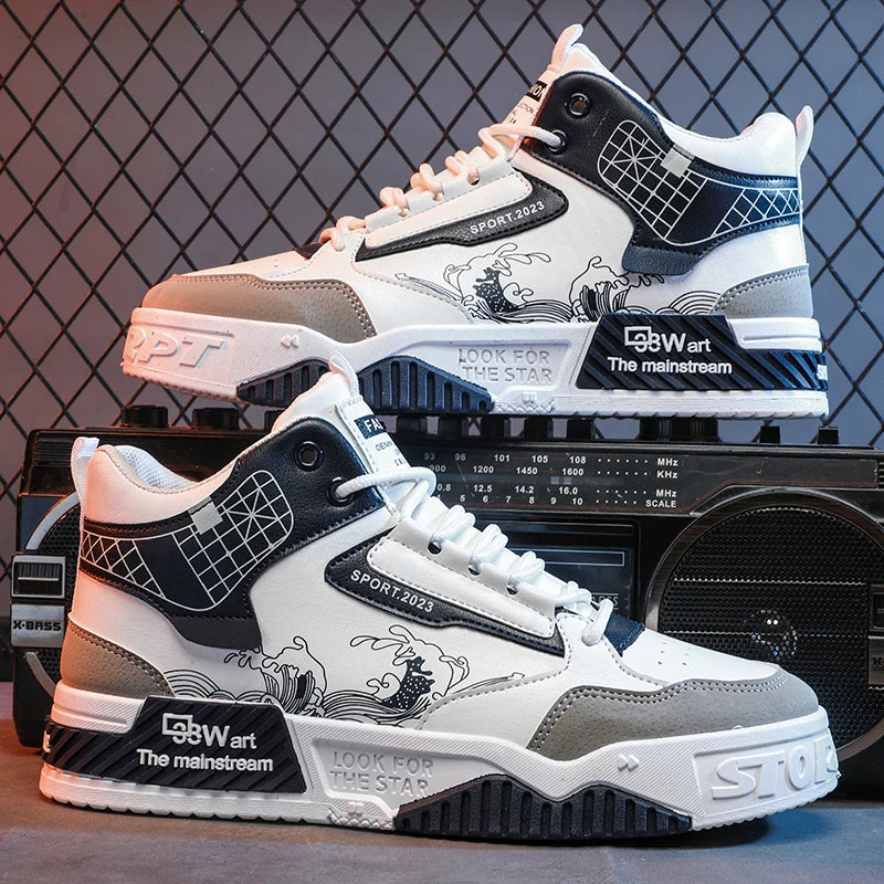 Men's high cut thick soled casual shoes four season student fashion flat shoes soft sole walking shoes youth sports board shoes