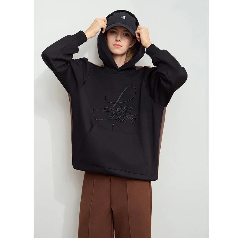 Amii 2026 Winter Clothes Women Long-sleeved Color Matching Embroidery Pocket Fleece Hooded Sweater Loose Casual Tops 12444202