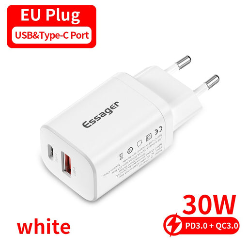 Essager PD30W USB Type C Charger Fast Charge QC 3.0 For iphone 14 13 12 Pro Max Xiaomi Samsung Mobile Phone Charger Adapter Plug CN 30W EU White