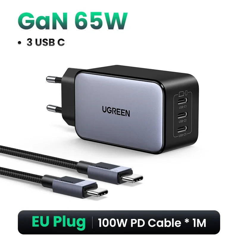 UGREEN 65W GaN Charger 4 Ports USB C Fast Charger Quick Charge 3.0 PD 3.0 For Macbook Air Laptops Tablet iPhone 18 17 16 Pro Max