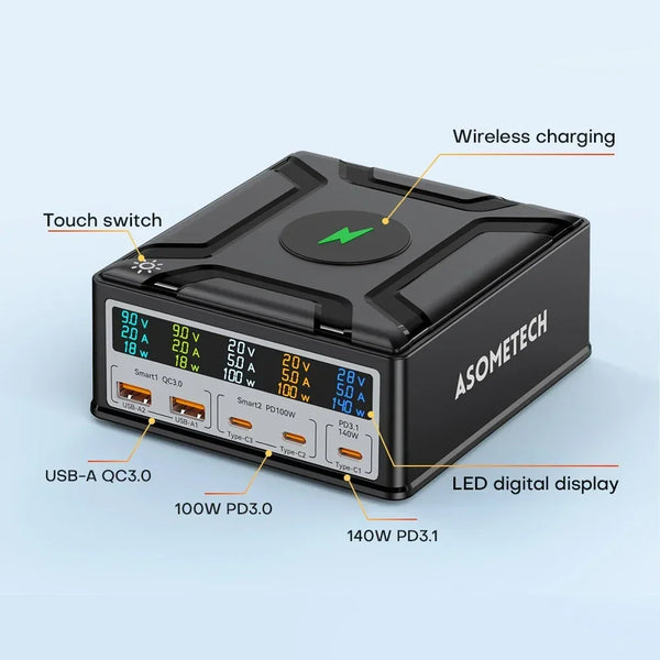 ស្ថានីយសាកថ្មឥតខ្សែ 5 រន្ធ USB C លឿន 260W ឆ្នាំងសាកឥតខ្សែ 140W PD3.1 USB C GaN ជាមួយអេក្រង់ LCD សម្រាប់ MacBook IPhone 14 13