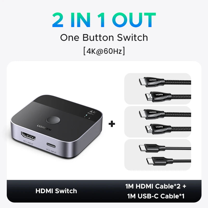 UGREEN HDMI USB C Switch 2 in 1 Out 4K 60Hz Manual Button for PS5 Xbox PC TV Monitor Projector HDCP 2.2 Home Theater Gaming