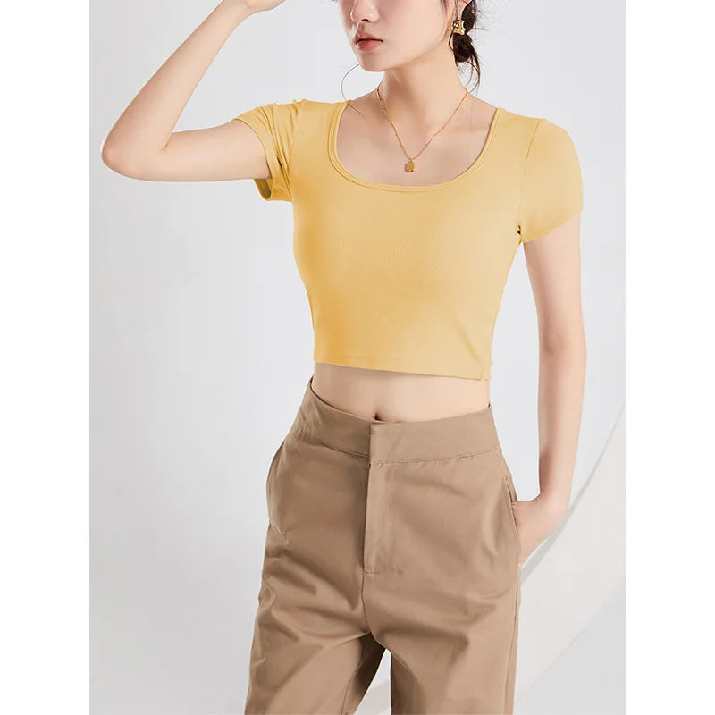 New Square Collar Bra Cup Integrated Slim Modal Sleepwear Vest One Piece Pajamas Women Comfortable Bottom Short Sleeve T-shirt