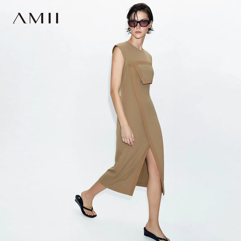 Amii Sleeveless Women's Casual Dresses 2026 Summer New O-Neck Invisible Zipper Slim Office Casual Midi Dress For Women 12652081