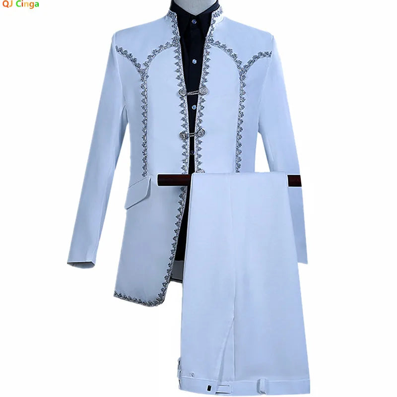 Luxurious Men's White Two-piece Set: A Vintage-style Halloween Jacket Paired with Pants, Perfect for Weddings, Parties, Cosplay.