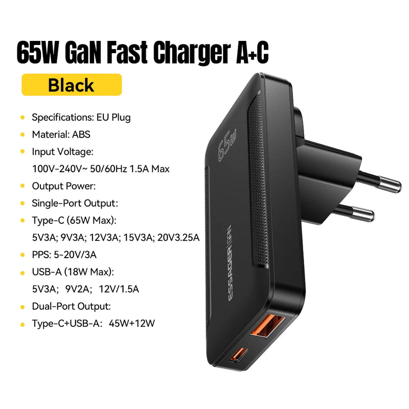 ឆ្នាំងសាក Essager Ultra Thin 65W GaN Pro Travel Charger Quick Charge 4.0 PD3.0 សាកថ្មចល័តប្រភេទ C សម្រាប់ iPhone Samsung Macbook Laptop