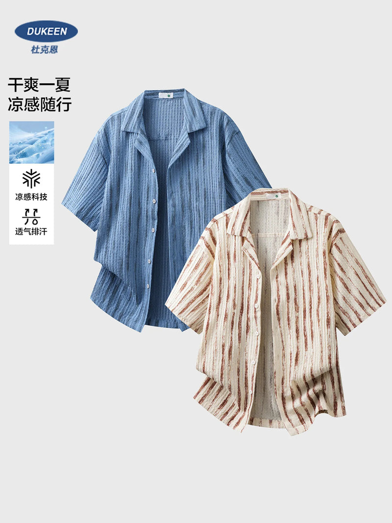 DUKEEN Men's Textured Striped Cuban Collar Shirt Old Money Style Short Sleeve Camp Collar Casual Beach Vacation Shirt