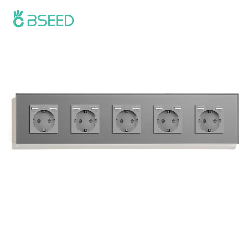 BSEED EU Wall Sockets Five Power Outlets USB Type-C Charge Port Glass Frame Sockets Wall Sockets Kids Protection 16A