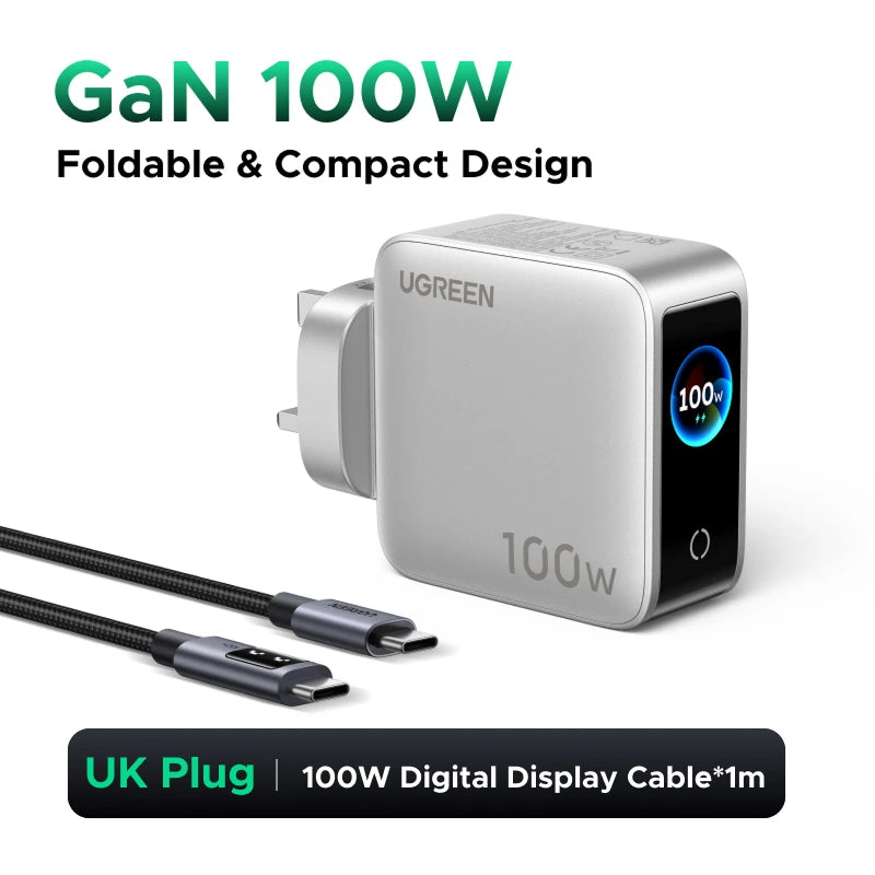 UGREEN 100W GaN Charger With Smart Display EU/UK/US Foldable Plug QC4.0 AVS For Macbook Pro Laptop iPhone 18 17 Pro iPad Samsung