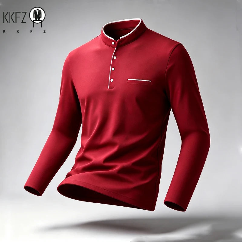 Men Stand Collar Long Sleeve Polo Shirt Slim Fit Half Button Design Chest Pocket Soft Fabric Business Daily Tops