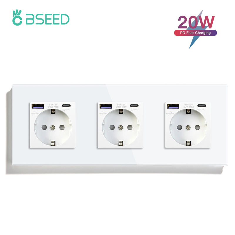 BSEED EU Standard Wall Power Sockets Type-C Interface Outlet USB Fast Charge Port 20W Glass Panel Kids Protection 16A