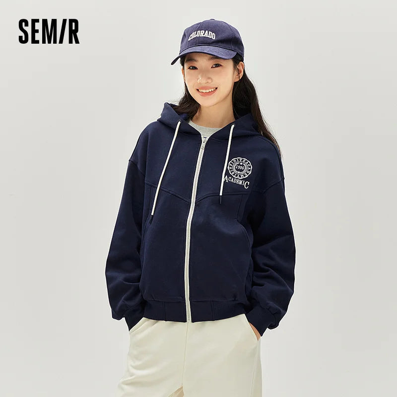 Semir Textured Jacket Women Spring Hooded Letter Embroidery Loose Drop Shoulder Split Design Preppy Style Casual Top