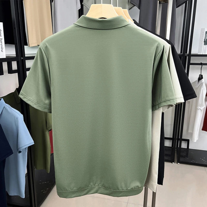 V-neck Elegant Men's Stretch Solid Color Short Sleeve T-shirt, Daily Commuting Top.2025 Summer New Arrivals