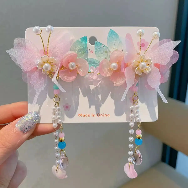 2Pc Childrens Rainbow Butterfly Sequin Hair Clip,pearl Ribbon,tassel Hair Clip,girl Braided Hair Accessory,performance Accessory