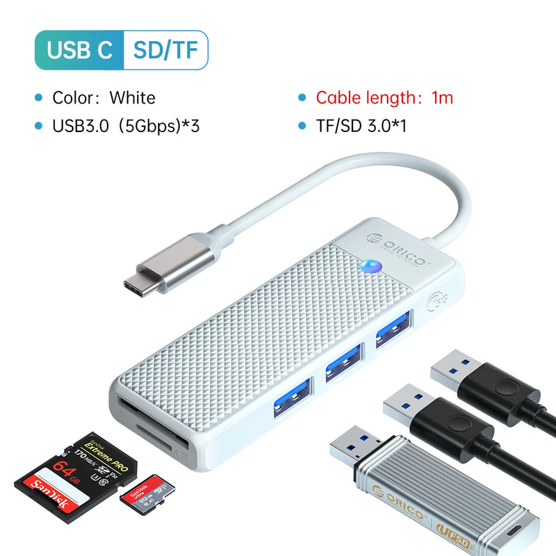 ORICO USB 3.0 Hub USB Adapter Port Extender SD/TF Card Reader PD100w Charging Port Compatible With PC Laptop 5Gbps hub