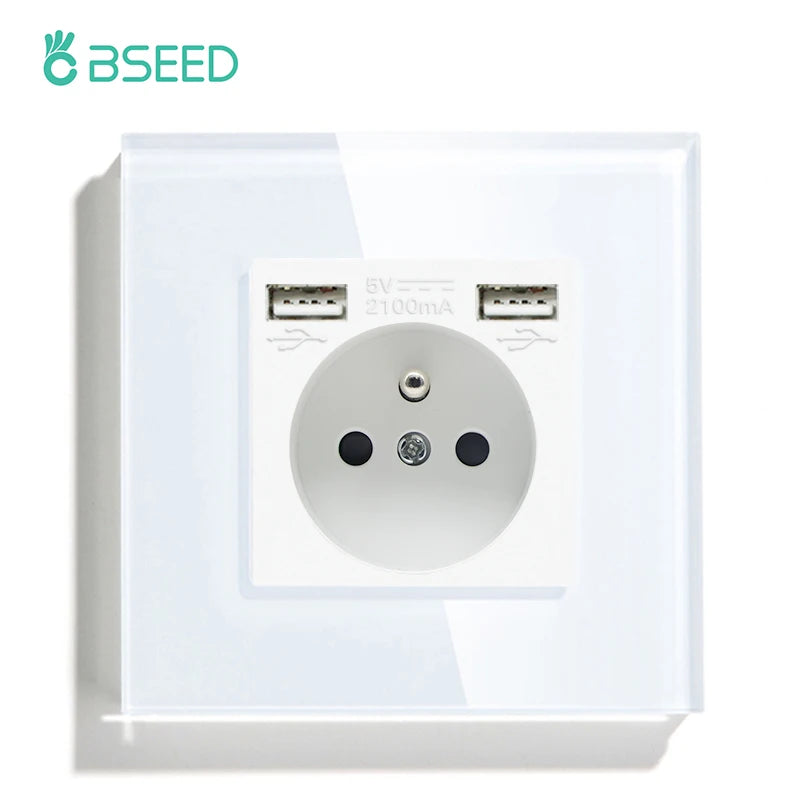 BSEED France Standard Wall Electrical Outlet USB Type-C Charge Port Glass Panel 20W Fast Charge French Socket 110-250V