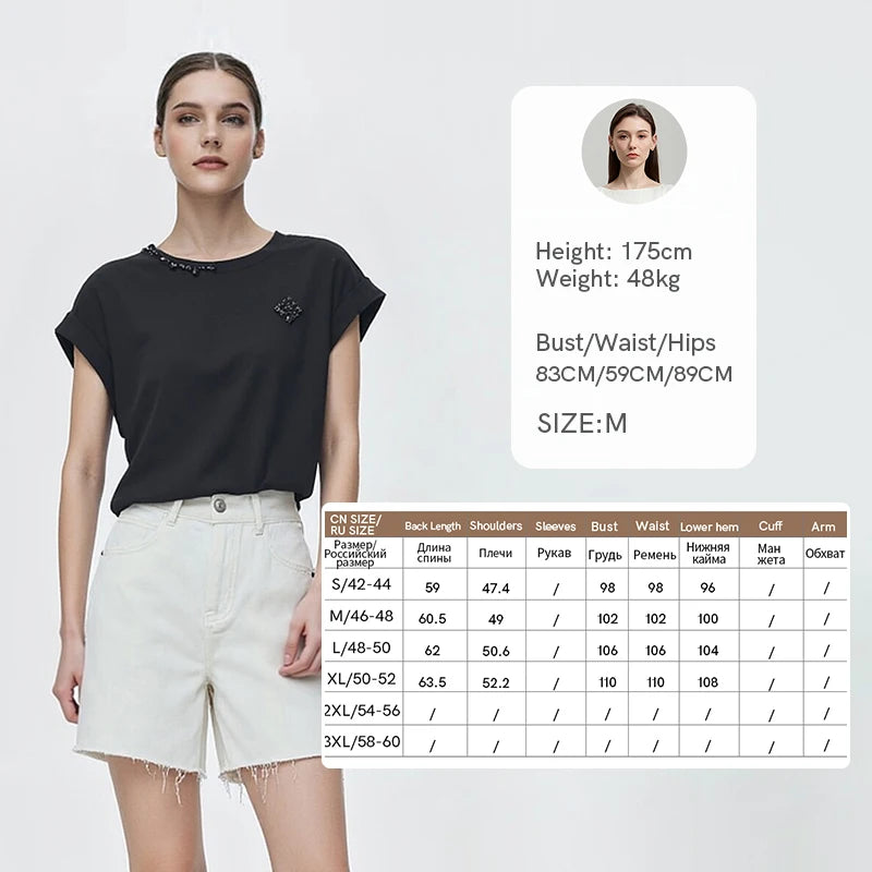 Amii Women's Short Sleeve Tee 2026 Summer New Round Neck Rhinestone Ribbon Stretch Cotton Tee Casual Top For Women 12622034