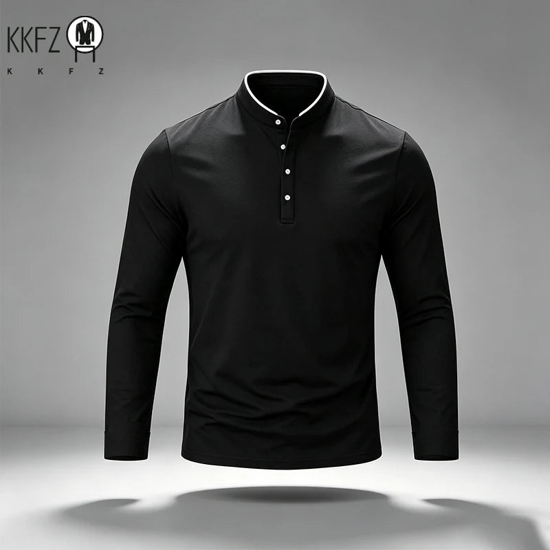 Slim Cut Stand Collar Long Sleeve Polo For Males Button Placket Neck Trim Detail Soft Fabric Business Streetwear Apparel