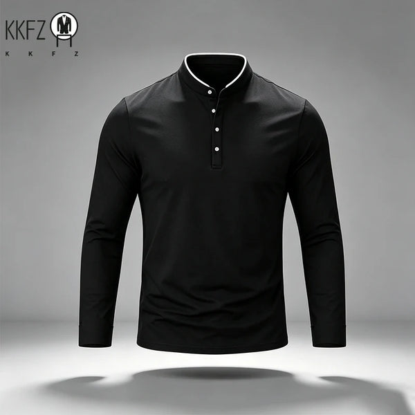 Mens Basic Mandarin Collar Long Sleeve Polo Top Button Design Contrast Neckline For Vacation Short Trip Leisure Scenarios
