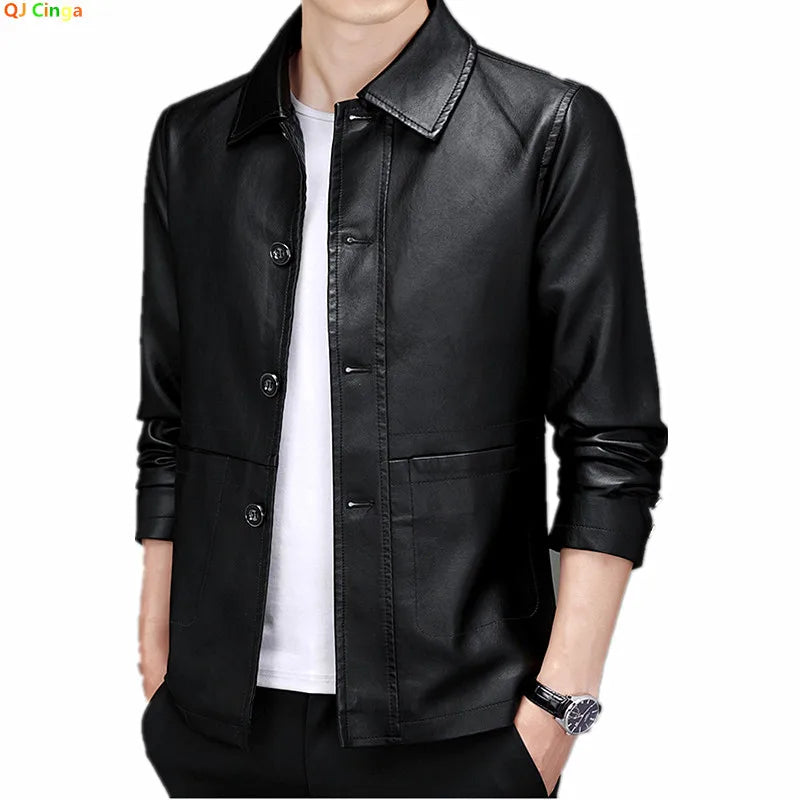New Product Launch in 2026: Men's Black Long-sleeved PU Jacket, Artificial Leather Single-button Lapel Coat.