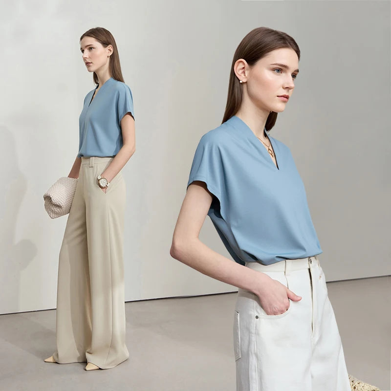 អាវយឺត AMII Minimalism រដូវក្តៅឆ្នាំ ២០២៦ សម្រាប់នារី រចនាបថបុរាណ ក V ដៃខ្លី អាវ និងអាវយឺតលាត 12312013