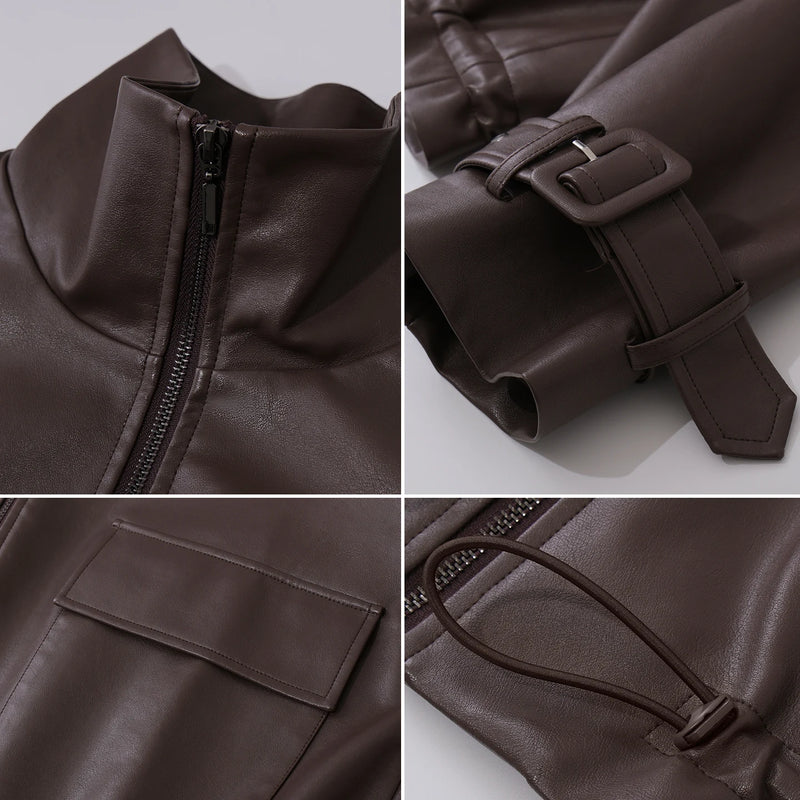 Amii Women's Faux Leather Jacket Turtleneck Drop Shoulder Retro Business Casual Zip Up Cargo Coats 2026 Autumn Jackets 12623135
