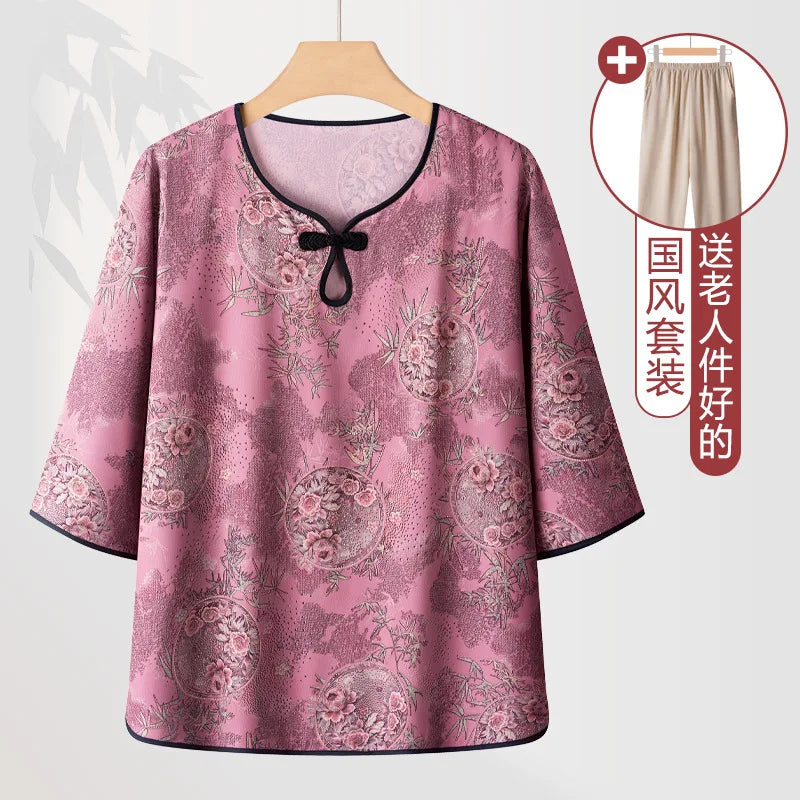 ឈុតគេងសម្រាប់ស្ត្រី XL-4XL ប៉ាក់ដោយកប្បាស បោះពុម្ពបែបបុរាណ សម្រាប់ម្តាយវ័យកណ្តាល ស្លៀកក្រៅផ្ទះ