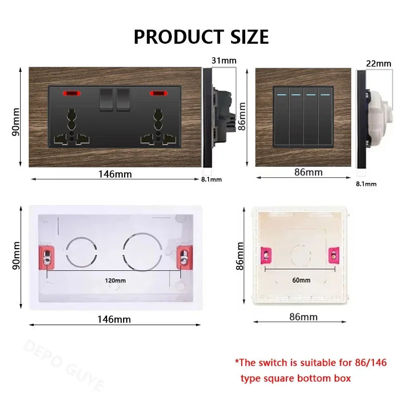 UK 18W Type-C Quick charge Dual Power Outlet,Universal Retro Wood Grain Electrical USB Socket,220V Electrical  Wall Light Switch