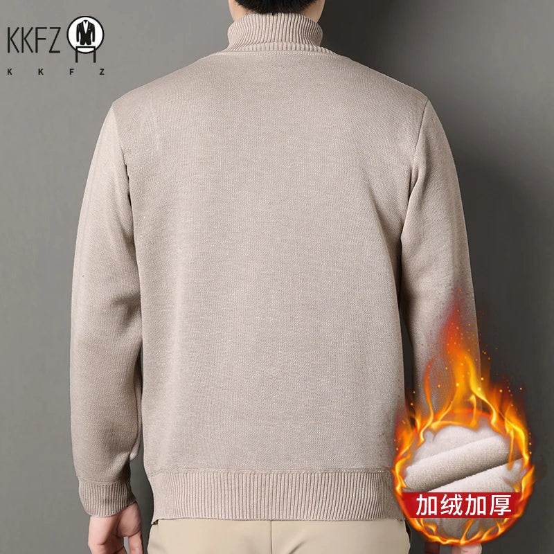 Three Dimensional Twist Weave Male Turtleneck Sweater Diamond Cable Allover Pattern Fleece Lined Rib Hem Pullover