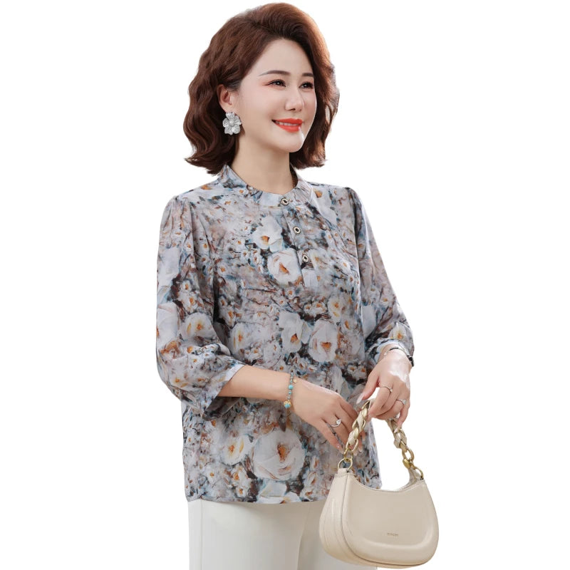 អាវ យឺត ក មូល ដៃ បី ភាគ បួន បោះពុម្ព ផ្កា សម្រាប់ ស្ត្រី រដូវក្ដៅ ស្តើង ទាន់សម័យ