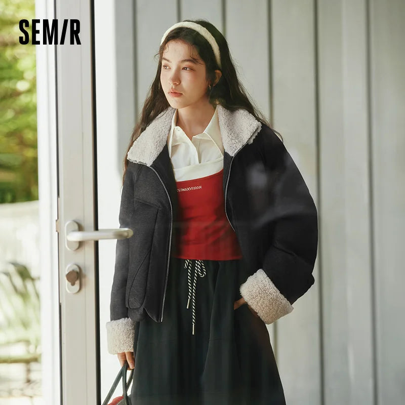 Semir Down Jacket Women Winter Faux Denim Patchwork Fleece 80% Down Fill Raglan Sleeve 2025 New Fashion Retro Outerwear