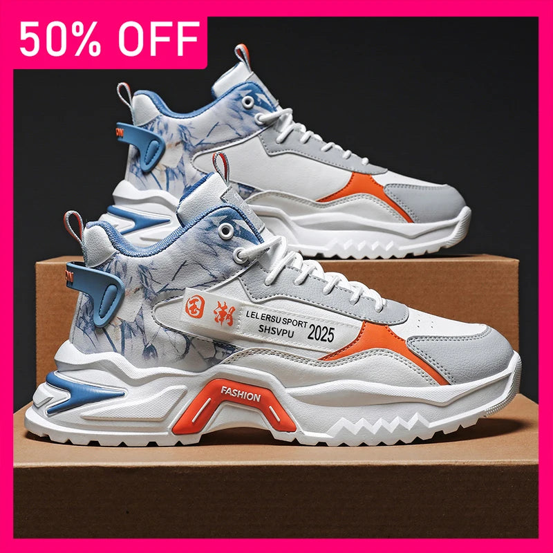 Men Sneakers Fashion Leather Breathable Wear-resistant Outdoor Fitness Shoes Thick Soled Non Slip Comfort Casual Running Shoes