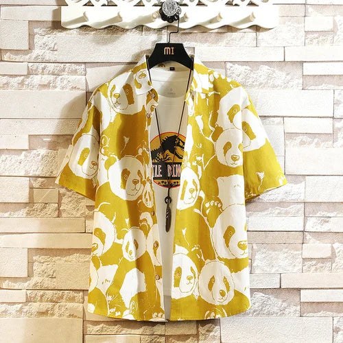 2026 Men's Blue Short-sleeved Shirt, Summer Cotton Shirts, White Yellow Single Breasted Lapel Top Chemise Giant Panda Pattern