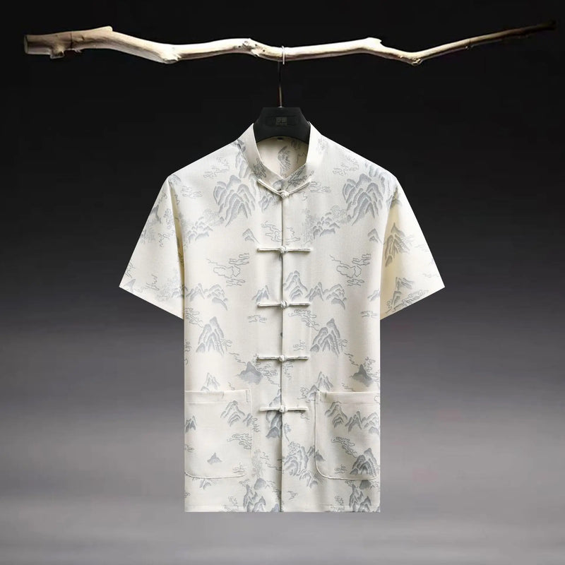 Chinese-style Men's Beige Short-sleeve Jacquard Shirt; Summer Blue Single-breasted Stand-collar Shirts.