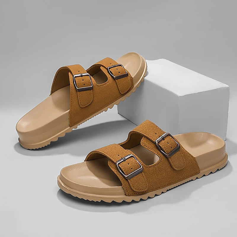 Summer Mens Microfiber Leather Slides Slippers With Adjustable Buckle Sandals Lightweight Anti Slip Slippers Cheap
