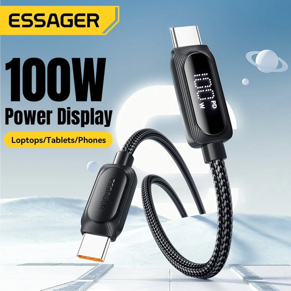 ខ្សែសាក Essager 100W USB Type C 5A PD សាកលឿនសម្រាប់ Macbook iPad iPhone 16 15Pro Samsung Xiaomi អេក្រង់ឌីជីថលខ្សែ