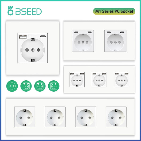 BSEED M1 Series EU Wall Socket USB Type-C Port Outlets Double Plastic Frame Sockets Triple Power Plugs Kids Protection 16A