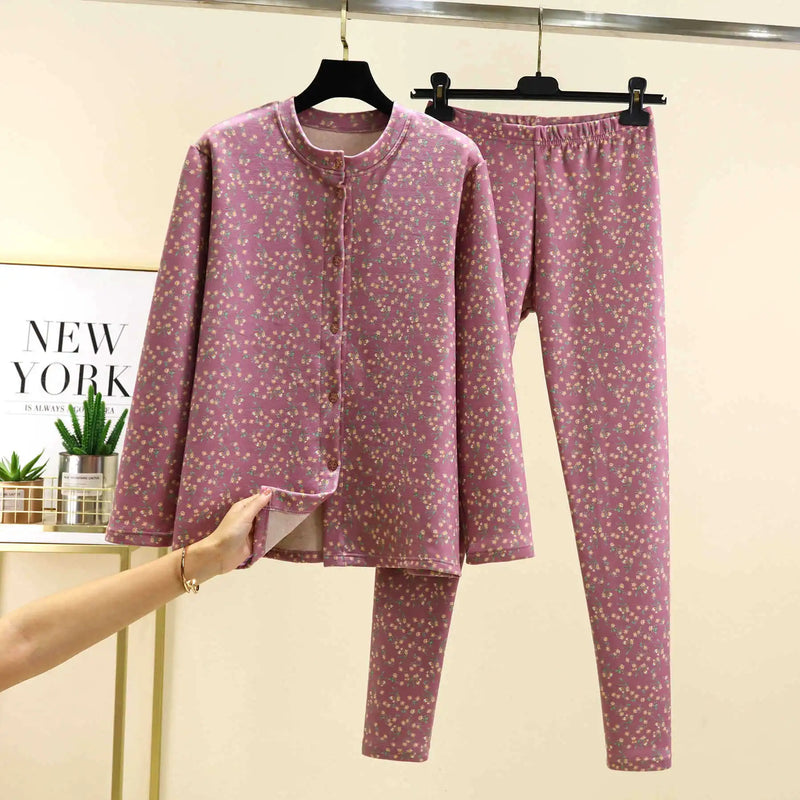 Pijamas Women Floral Print Winter Sleeping Pajamas Thicken Warm Sleepwear Set De Velvet Home Clothes Casual Big Size Pyjamas