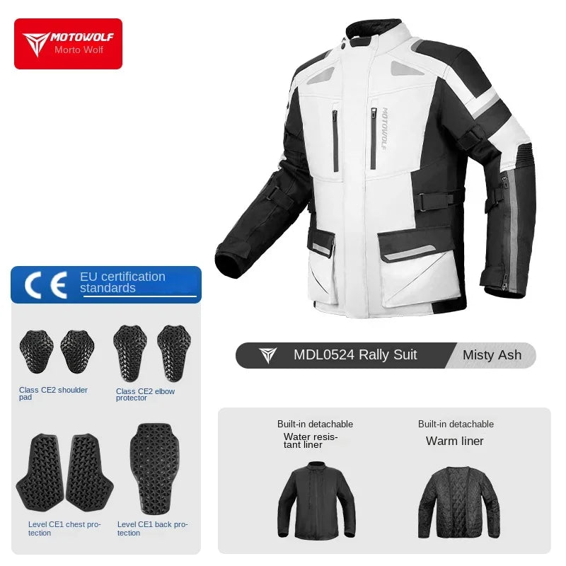 ឈុតអាវក្រៅម៉ូតូបុរស MOTOWOLF សម្រាប់រដូវក្ដៅរដូវស្លឹកឈើជ្រុះ ធន់នឹងការពាក់ពេលជិះម៉ូតូ ងាយស្រួលដកដង្ហើម និងការពារទឹកជ្រាប សម្រាប់ជិះម៉ូតូចម្ងាយឆ្ងាយ