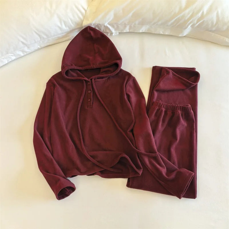 Winter Women's Pajamas Loose Hooded Korean Shake Fleece Sports Outerwear Home Clothes Spring Autumn Sleepwear Set Two Piece