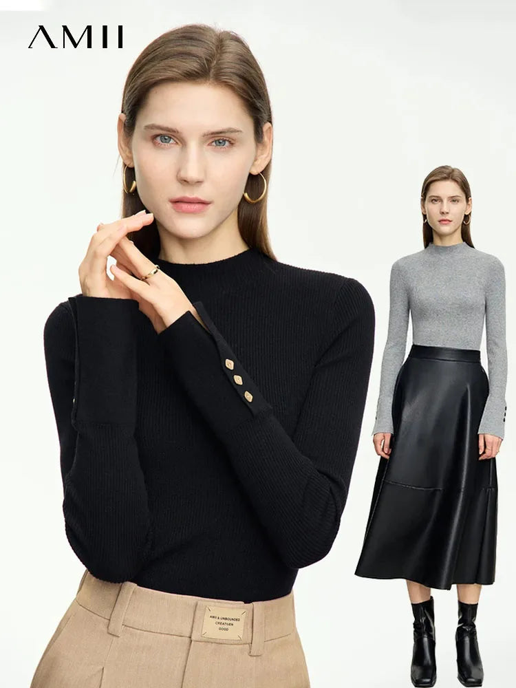 Amii Women's 2026 Autumn Slim Fit Knit Sweater Mock Neck Slit Cuffs Metal Buckle Detail Vintage Style Bottoming Top 12443252