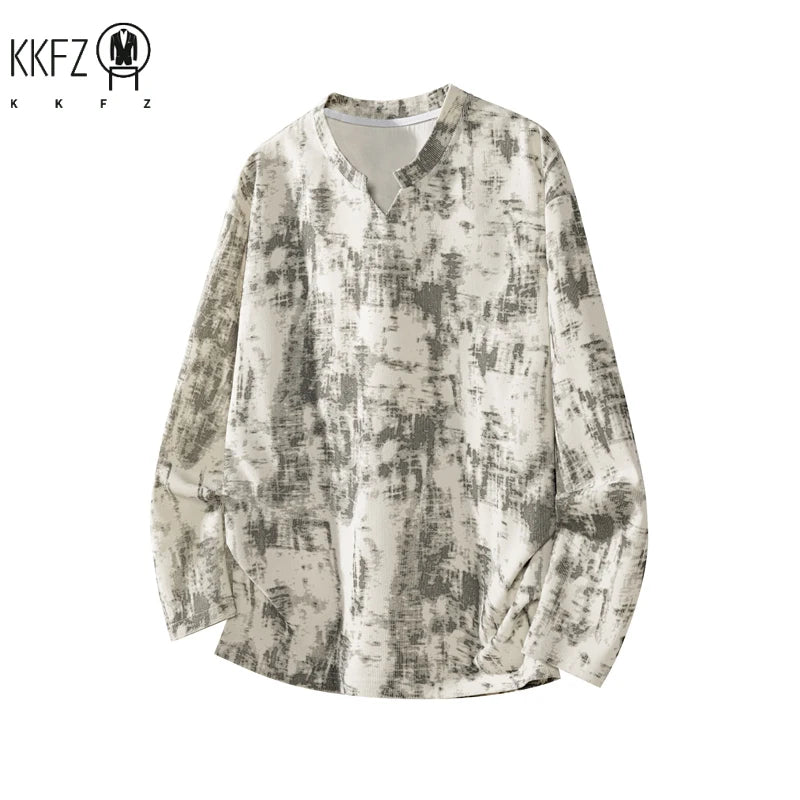 Male Streetwear Gradient Dye Long Sleeve Top Crew Neck Ink Splash Print Oversized Fit For Various Autumn Daily Occasions