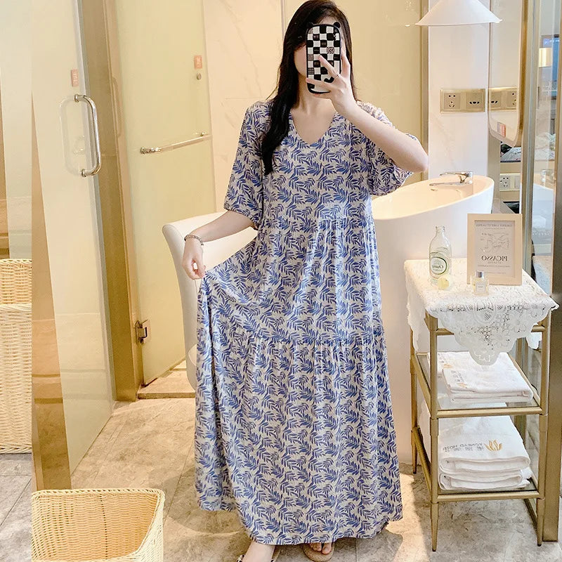 រ៉ូបវែងកូរ៉េថ្មីសម្រាប់ស្ត្រី រ៉ូបរដូវក្តៅដៃខ្លីកប្បាសបោះពុម្ព អាវគេងសម្រាប់ស្ត្រី