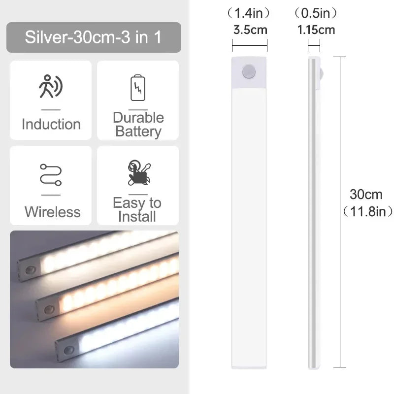 10-60CM Motion Sensor Cabinet Lights USB Rechargeable Under Cabinet Lights with Infrared Sensor Magnetic for Kitchen Closet