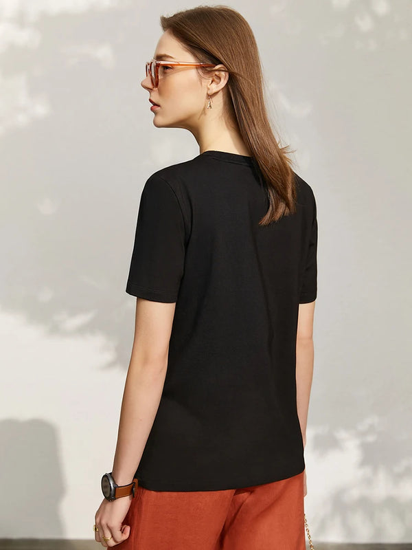 AMII Minimalism 2026 Summer New Top Women Short Sleeves Geometric Print T-shirt Cotton O Neck Black Casual Tees Female 12342527