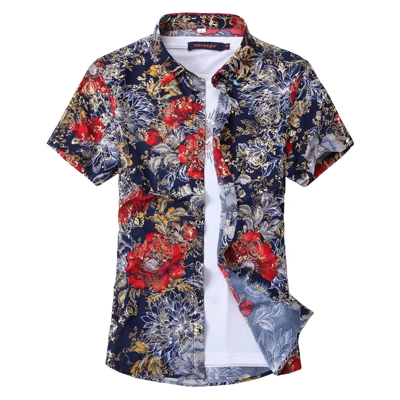 New Summer Collection of Men's Short-sleeve Printed Shirts, Red Single-breasted Button-down Shirts, Asian Sizes M–7XL.