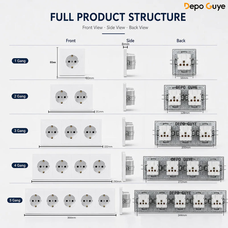 European Standard 1/2/3/4/5 Power Socket EU Standard Electrical Outlet White PC Panel Wall Electrical Outlets For Home Office