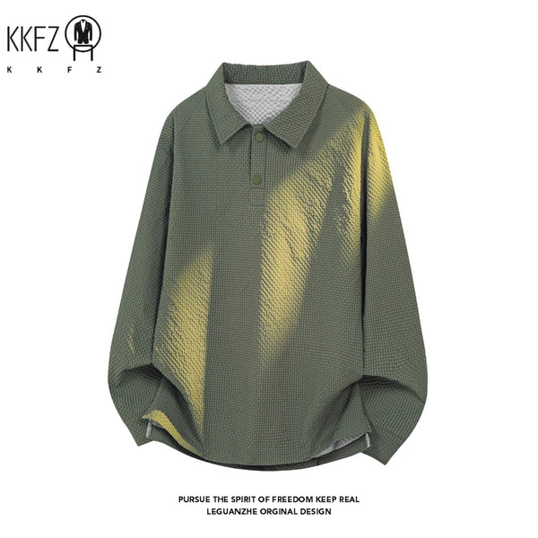 Men Minimalist Cropped Long Sleeve Polo Top Half Button Lapel Waffle Texture For Everyday Urban Casual Dressing